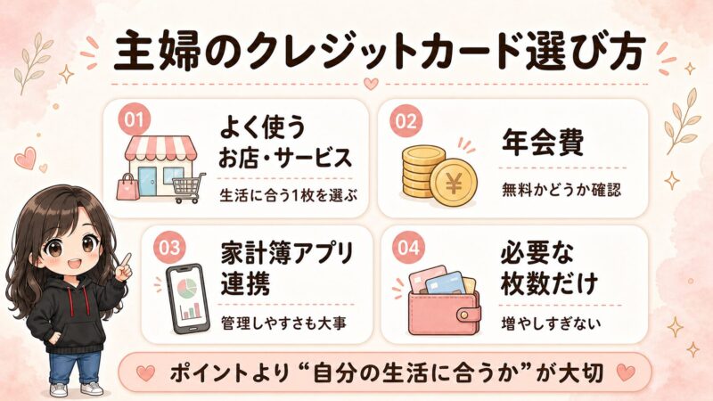 主婦がクレジットカードを選ぶときのポイントとして、よく使うお店、年会費、家計簿アプリ連携、必要枚数をまとめた図解