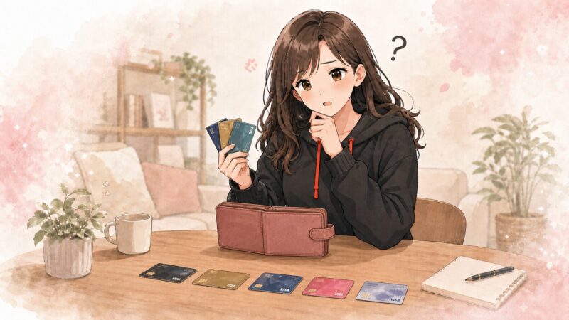 財布やテーブルに並んだ8枚のクレジットカードを見ながら、どのカードを使っていたか迷う桜吹雪ちゃんのイラスト