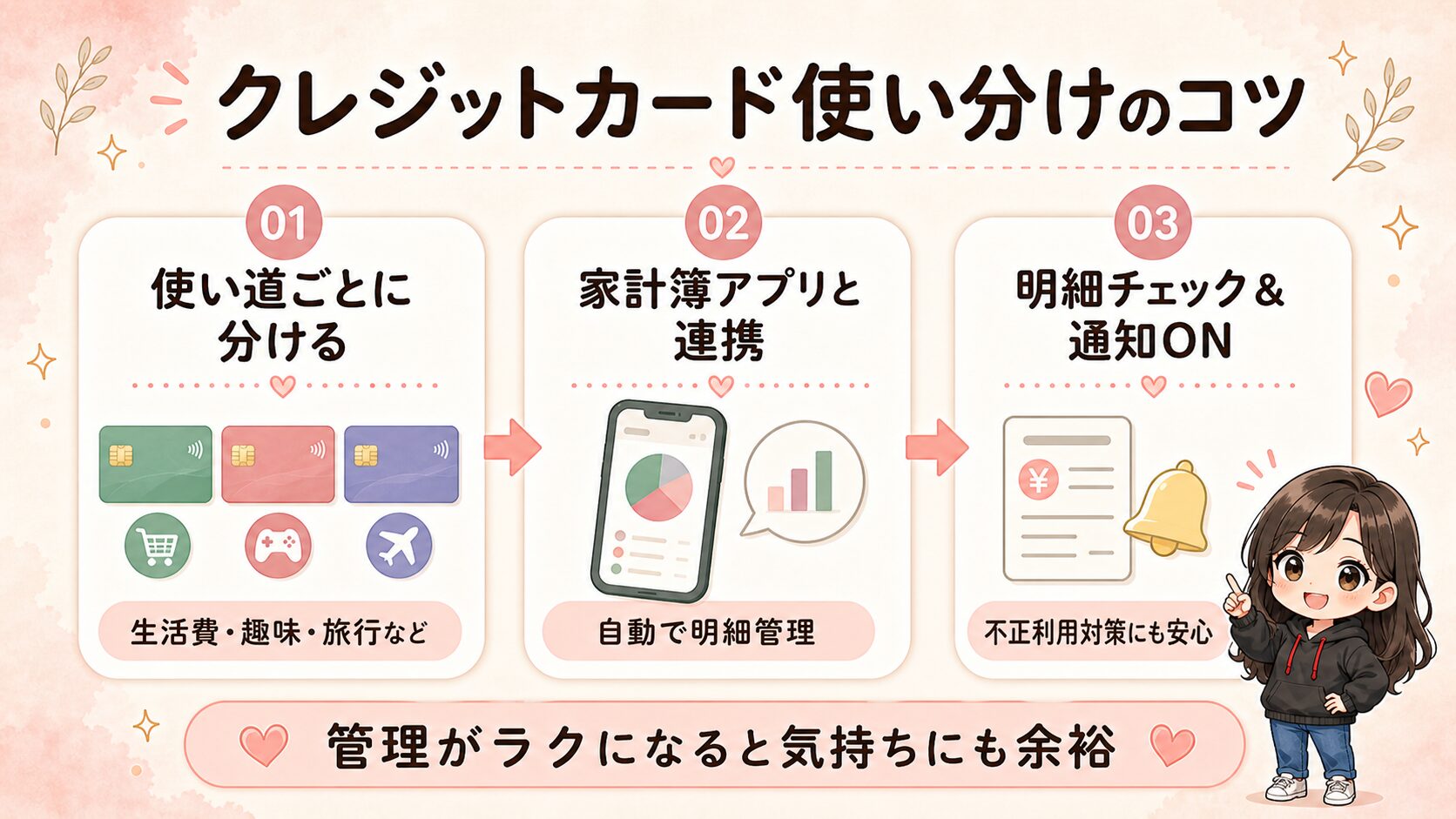 クレジットカード使い分けのコツとして、使い道ごとに分ける、家計簿アプリと連携、明細チェックと通知設定をまとめた図解
