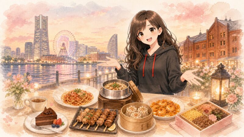 夕暮れのみなとみらいを背景に、桜吹雪と横浜グルメが並ぶまとめイラスト。女子会やライブ遠征にぴったりな横浜のおしゃれグルメを表現している。