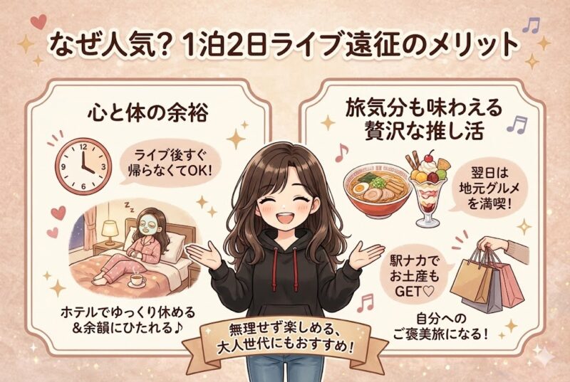1泊2日のライブ遠征のメリットをまとめた図解。ライブ後に慌てて帰らずホテルで休める心と体の余裕と、翌日に地元グルメやお土産を楽しめる旅気分の良さを紹介している。