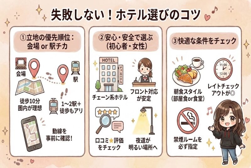 遠征で失敗しないホテル選びのコツをまとめた図解。立地（会場・駅近）、安心安全（チェーン系・口コミ・夜道）、快適条件（朝食・レイトチェックアウト・禁煙ルーム）のチェックポイントを紹介している。