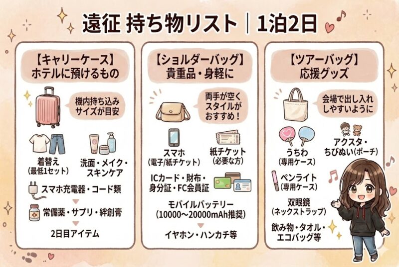 1泊2日の遠征持ち物リストをまとめた図解。キャリーケース、ショルダーバッグ、ツアーバッグに分けて、着替え・スキンケア・充電器・チケット・身分証・モバイルバッテリー・応援グッズなどの持ち物を整理して紹介している。