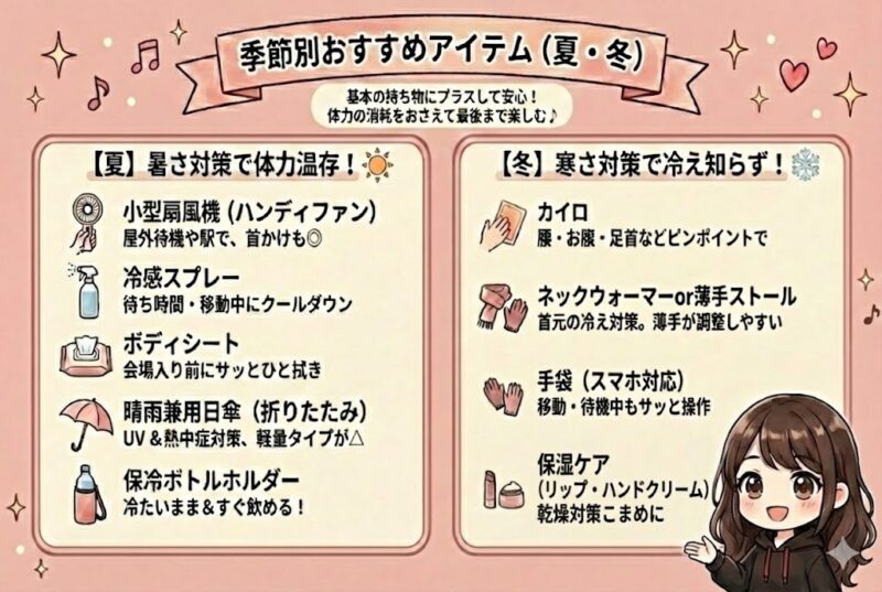 季節別のライブ遠征おすすめアイテムをまとめた図解。夏は暑さ対策（ハンディファン・冷感スプレー・日傘など）、冬は寒さ対策（カイロ・ネックウォーマー・手袋・保湿ケアなど）を紹介している。