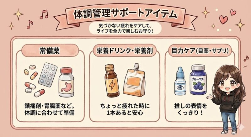 体調管理をサポートするアイテム図解。常備薬、栄養ドリンク・栄養剤、目薬やサプリなど、ライブ遠征を元気に楽しむための準備品をまとめている。