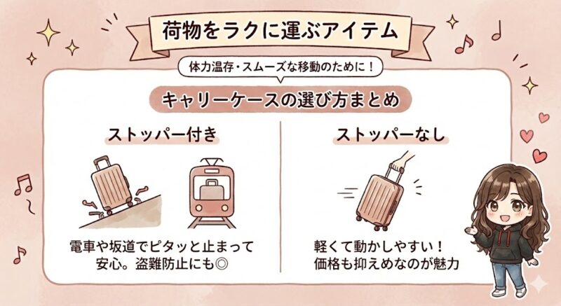 荷物をラクに運ぶためのアイテム図解。キャリーケースの選び方として、ストッパー付き（電車や坂道で安心）とストッパーなし（軽くて動かしやすい）の特徴を比較している。