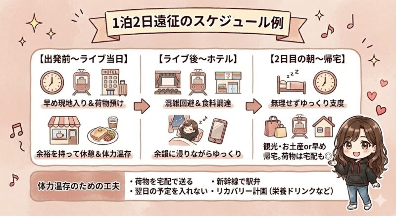 1泊2日ライブ遠征のスケジュール例をまとめた図解。出発前〜当日、ライブ後〜ホテル、2日目朝〜帰宅までの流れと、体力温存の工夫（荷物宅配・駅弁・翌日の予定を詰めないなど）を紹介している。