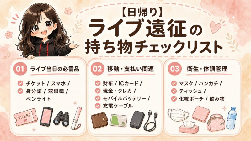 日帰りライブ遠征に必要な持ち物を、必需品・移動支払い関連・衛生体調管理の3つに分けて紹介した図解。