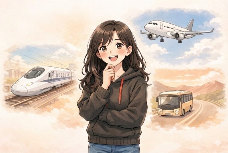 交通手段を比較して選ぶイメージ図（新幹線・飛行機・夜行バス）