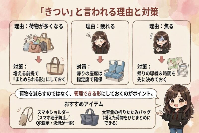日帰り遠征がきつい理由（荷物・疲れ・焦り）と対策、おすすめアイテムをまとめた図解