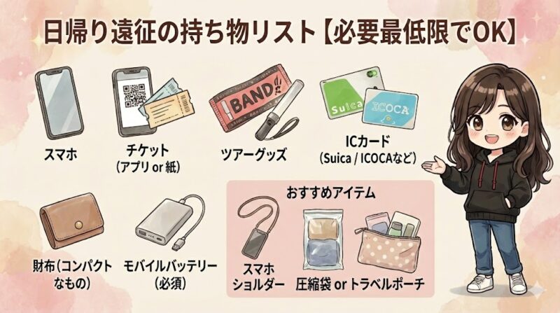 日帰り遠征の持ち物リスト（最低限）と、あると便利なおすすめアイテムをまとめた図解
