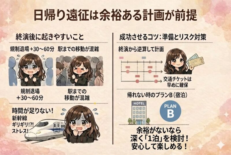 日帰り遠征で起きやすい時間不足の原因と、準備・リスク対策で安心して楽しむコツをまとめた図解