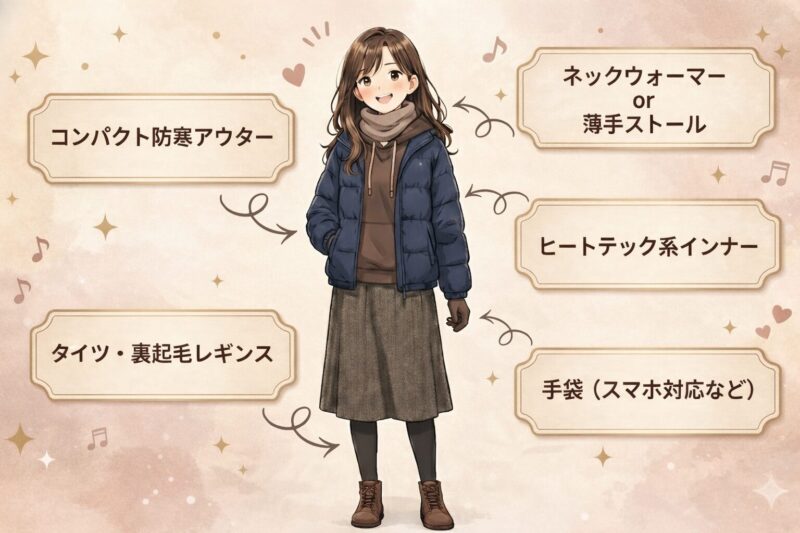 テック系インナー、タイツ・裏起毛レギンス、手袋などの防寒アイテムを紹介している。