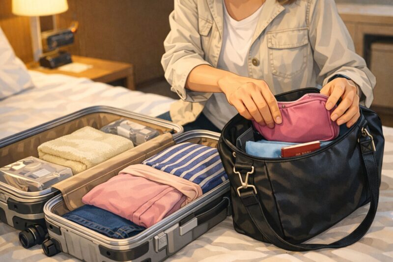 ホテルの部屋でスーツケースとショルダーバッグの荷物を仕分けする様子のイラスト
