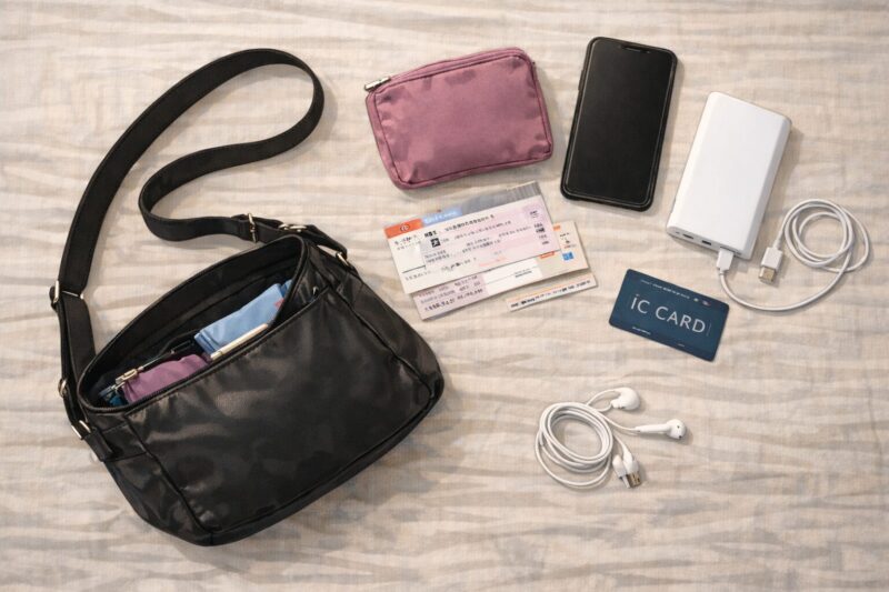 ライブ当日に持ち歩くショルダーバッグと中身（スマホ・モバイルバッテリー・チケット・ICカード・イヤホン）のイメージ画像
