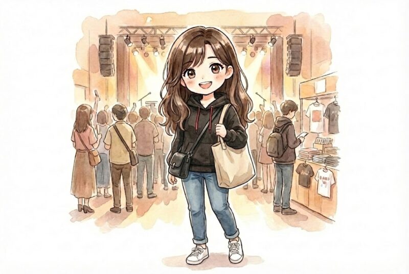 ライブ会場での物販や開演前の雰囲気を描いたイラスト。会場前の女性が、ショルダーバッグとトートバッグを持って遠征を楽しんでいる様子が描かれている。