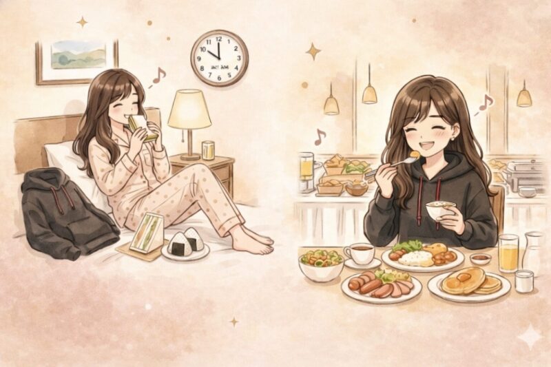 ホテル遠征の朝の過ごし方を描いたイラスト。前日に買った朝食を部屋でのんびり食べる様子と、ホテル朝食を楽しむ様子を並べて紹介している。