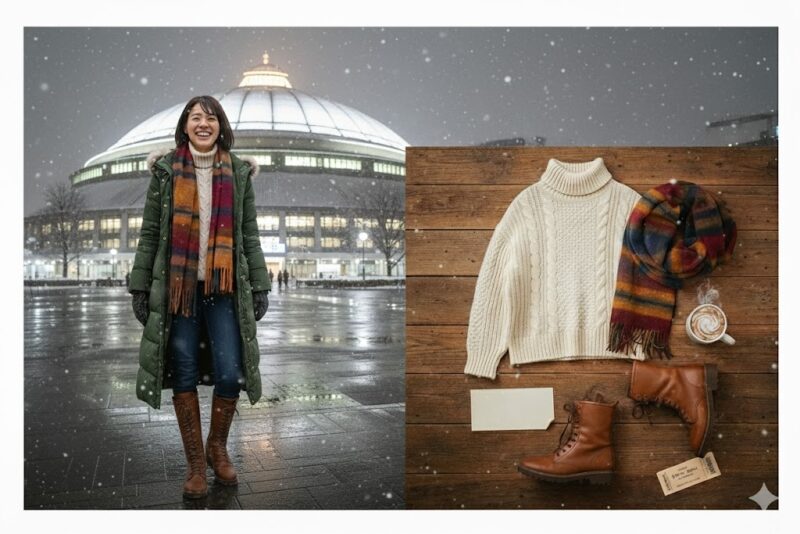 雪が降る会場前の女性と、冬の遠征に役立つ防寒アイテム（ニット・マフラー・ブーツ）を並べた画像