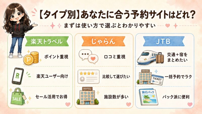 楽天トラベル・じゃらん・JTBをタイプ別に比較し、ポイント重視・口コミ重視・交通と宿をまとめたい人向けに整理した図解