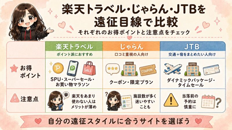 楽天トラベル・じゃらん・JTBのお得ポイントと注意点を、ライブ遠征目線で比較した表形式の図解