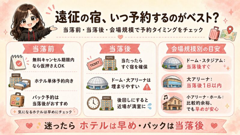 ライブ遠征の宿を予約するタイミングについて、当落前・当落後・会場規模別の目安をまとめた図解