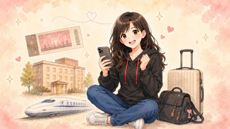 スマホで宿泊予約を確認する桜吹雪と、ホテル・新幹線・チケット・荷物を描いたライブ遠征準備のイラスト