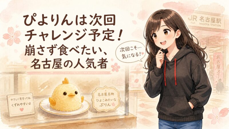 ぴよりんを次回チャレンジ予定のお土産として、桜吹雪が気になっている様子を描いたイラスト。