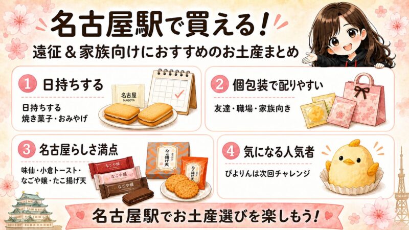 名古屋駅で買えるおすすめ土産を、日持ち・個包装・名古屋らしさ・次回チャレンジしたいぴよりんの4つに分けてまとめた図解。