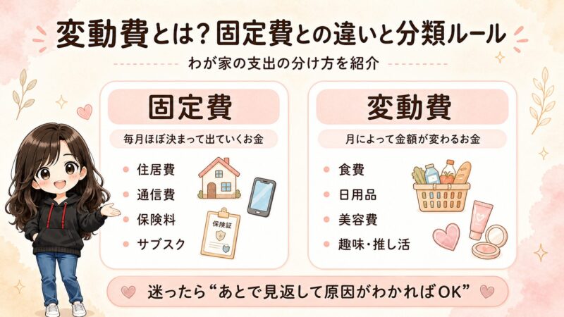 固定費と変動費の違いを、住居費・通信費・食費・日用品などの例で比較した図解