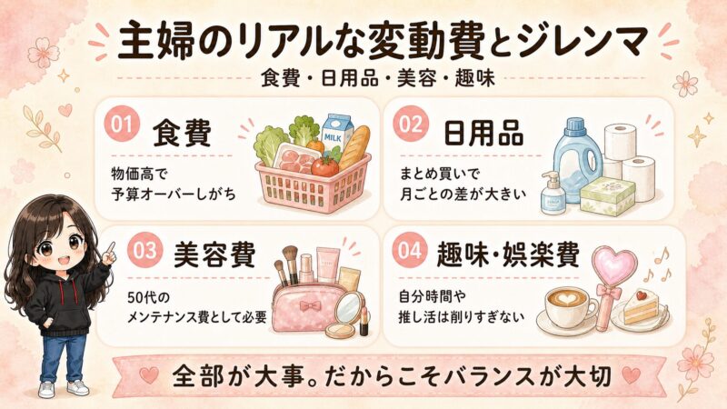 食費・日用品・美容費・趣味娯楽費など、主婦の変動費の悩みを4つに整理した図解
