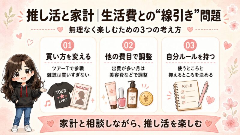 推し活費と生活費の線引きについて、買い方の工夫や費目調整、自分ルールをまとめた図解