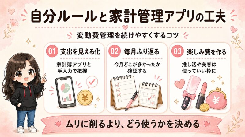 家計簿アプリで支出を見える化し、毎月の振り返りや楽しみ費の考え方をまとめた図解
