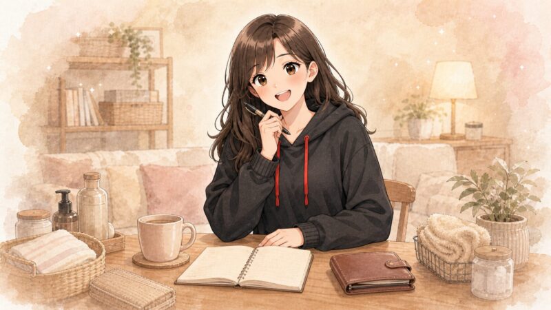 ノートと財布を前に、これからのお金の使い方について考える桜吹雪のイラスト