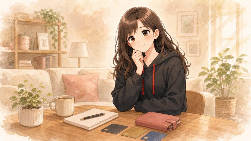 財布やカード、ノートを並べながら、自分に合った変動費の管理を考える桜吹雪のイラスト