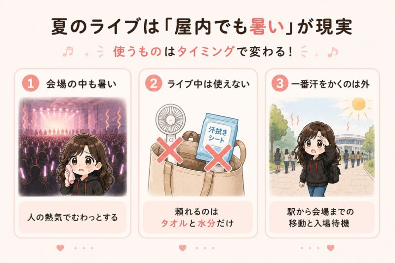 夏の屋内ライブでも暑い理由をまとめた図解。会場の中も人の熱気でむわっとすること、ライブ中はハンディファンや汗拭きシートが使えずタオルと水分だけが頼りになること、いちばん汗をかくのは駅から会場までの移動と入場待機であることを3つの項目で紹介している。