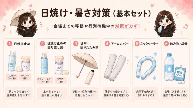 夏のライブ遠征向けの日焼け・暑さ対策の基本セットをまとめた図解。紫外線対策、暑さ対策、水分・塩分補給、体を守るアイテムを4つの項目で紹介している。