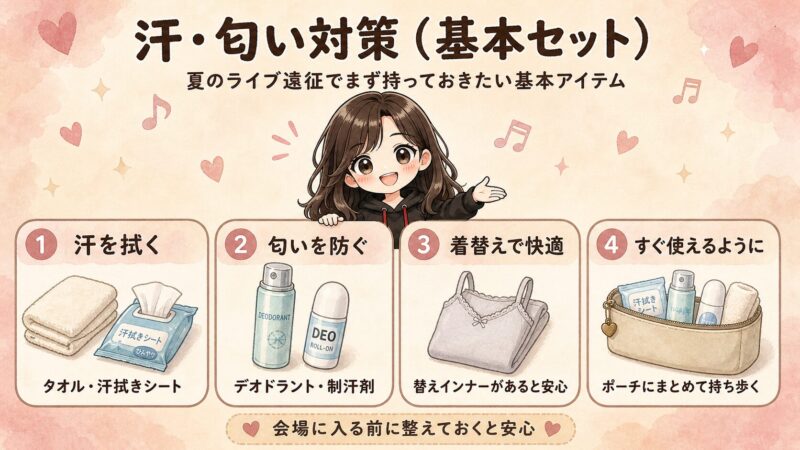 夏のライブ遠征で使いたい汗・匂い対策の基本セットをまとめた図解。タオル、汗拭きシート、デオドラント、替えインナー、持ち歩き用ポーチを4つの項目で紹介している。
