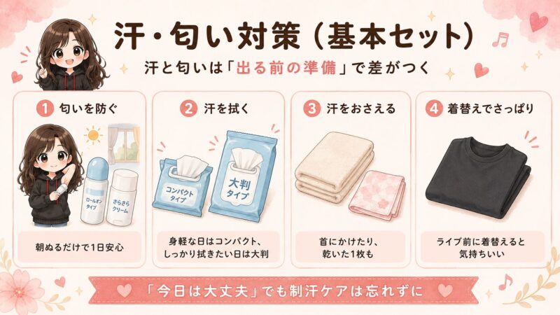 夏のライブ遠征の汗・匂い対策の基本セットをまとめた図解。朝ぬるだけの制汗クリーム、コンパクトと大判で使い分ける汗拭きシート、汗をおさえるタオルとミニタオル、着替え用のトップスを4つの項目で紹介している。