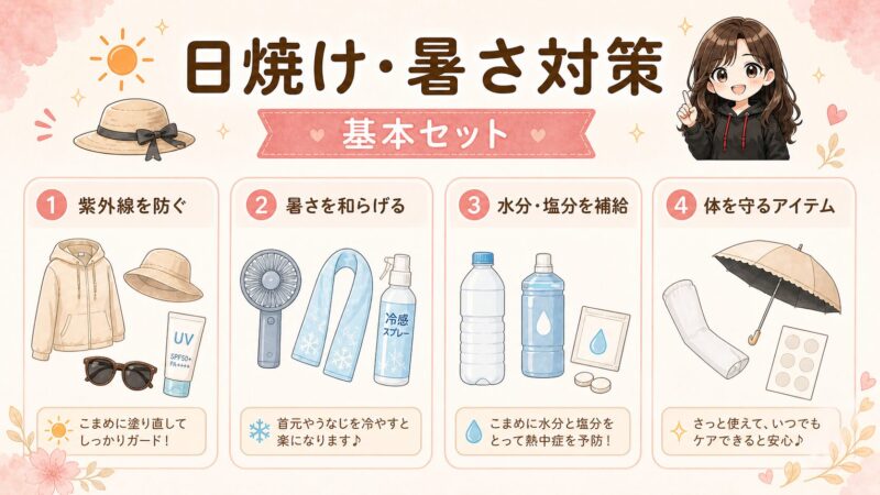 夏のライブ遠征向けの日焼け・暑さ対策の基本セットをまとめた図解。紫外線対策、暑さ対策、水分・塩分補給、体を守るアイテムを4つの項目で紹介している。
