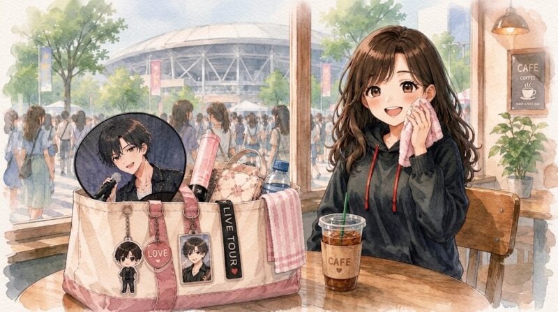 ライブ会場近くのカフェで、桜吹雪がアイスコーヒーを飲みながらタオルで汗を拭いて涼んでいるイラスト。テーブルの横にはうちわやペンライト、飲み物などライブグッズを入れたトートバッグが置かれ、窓の外には会場と人の行列が見える。