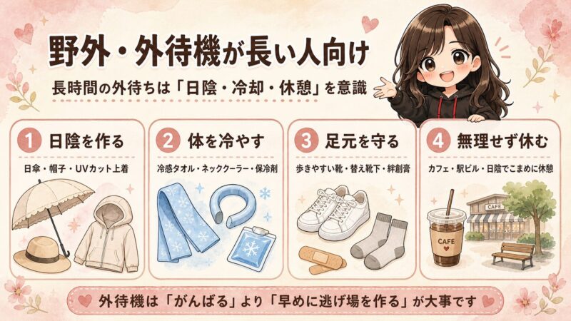 野外ライブや会場外での待機時間が長い人向けの対策をまとめた図解。日陰を作る工夫、体を冷やすアイテム、足元を守る準備、無理せず休む方法を4つの項目で紹介している。