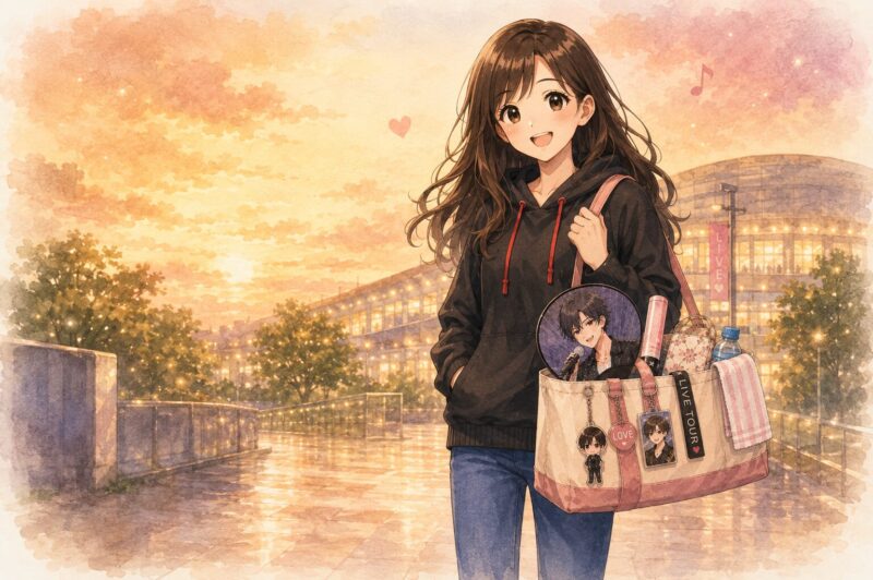 夕暮れのライブ会場の前で、桜吹雪が笑顔で立っているイラスト。トートバッグにはうちわ・ペンライト・ミニタオル・飲み物などのライブグッズが入っていて、夏のライブ遠征を楽しんだあとのような雰囲気が描かれている。