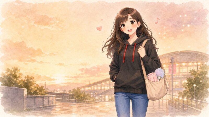 夕方のライブ会場前で、桜吹雪が笑顔で立っているイラスト。バッグにはタオルとうちわが見え、夏のライブ遠征を楽しんだあとのほっとした雰囲気が描かれている。
