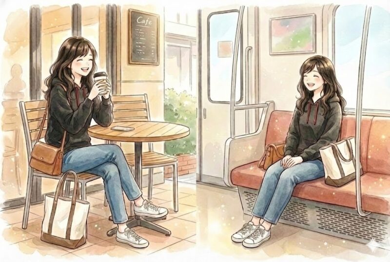 2泊3日ライブ遠征の荷物準備を考える女性のイラスト（カフェと車内の場面）