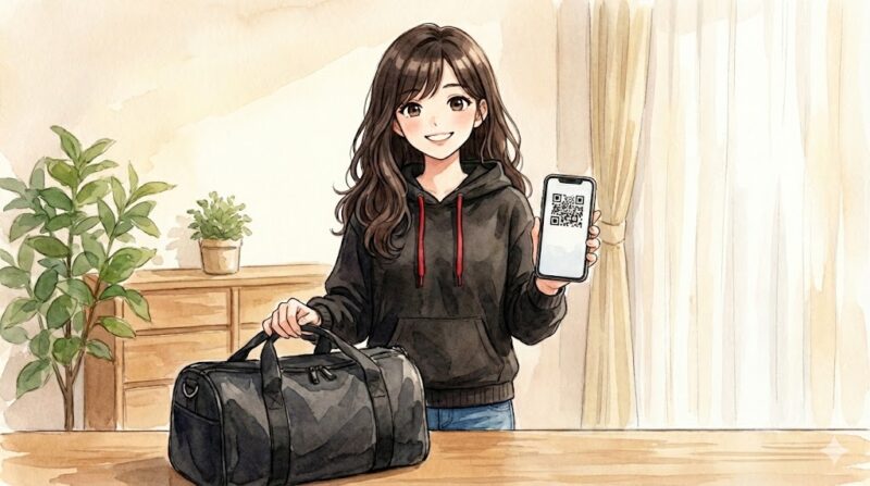 スマホで宅急便の送り状作成を試している様子のイラスト