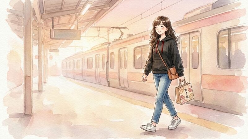 駅のホームで電車を背景に、身軽な荷物で笑顔で歩く桜吹雪ちゃんを描いた、2泊3日ライブ遠征のまとめ用イラスト