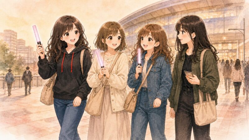 4人の女性がライブ会場の前で笑顔で歩いているイラスト。2泊3日の千葉ライブ遠征で、仲間と一緒に推し活旅を楽しむ様子