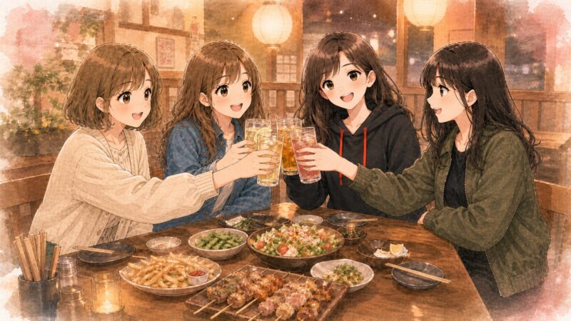 居酒屋で4人の女性が乾杯しているイラスト。焼き鳥やサラダ、枝豆などの料理を囲みながら、2泊3日の千葉ライブ遠征で食べたものを楽しむ様子
