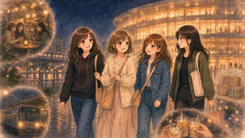 夜のライブ会場を背景に、4人の女性が笑顔で歩いているイラスト。カフェや電車、乾杯、お土産の場面を添えて、千葉ライブ遠征で仲間と過ごした時間の流れを表現