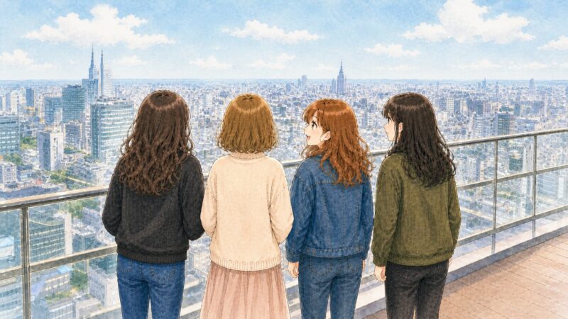 4人の女性が渋谷スカイから東京の街並みを眺めているイラスト。
